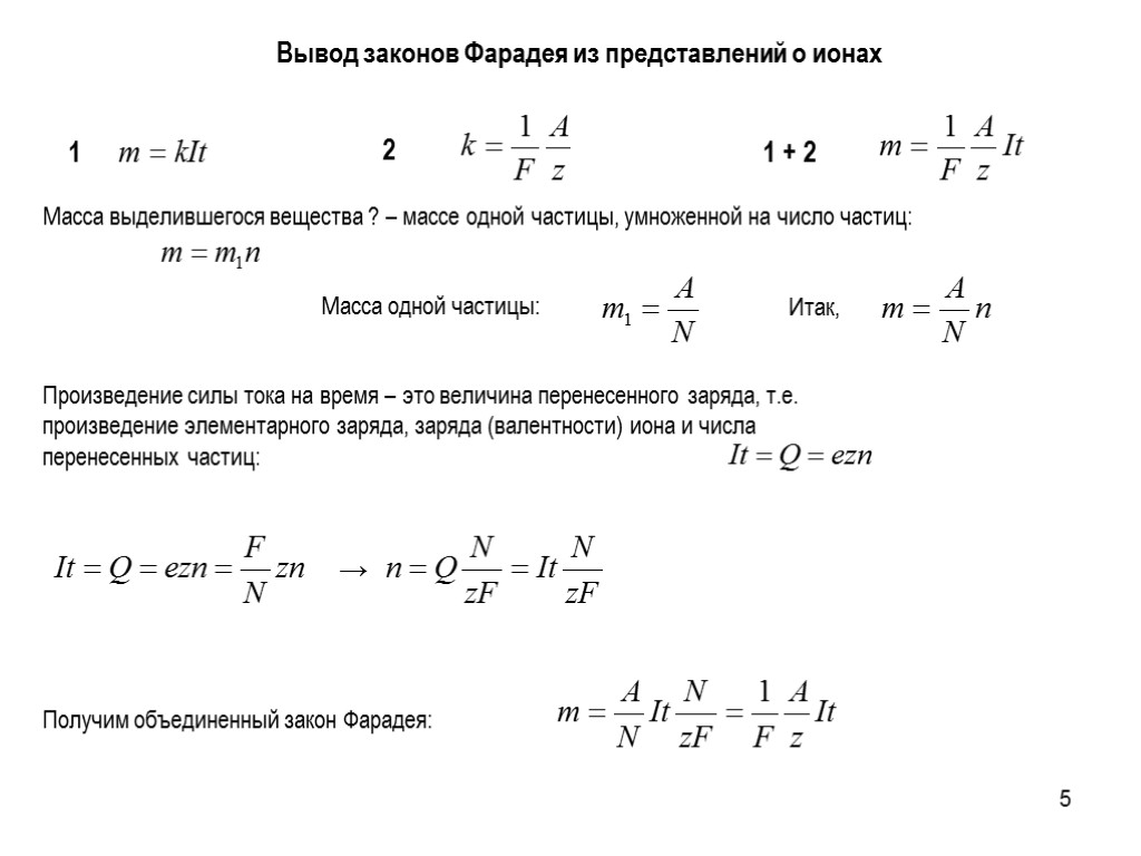 5 Вывод законов Фарадея из представлений о ионах 1 2 1 + 2 Масса